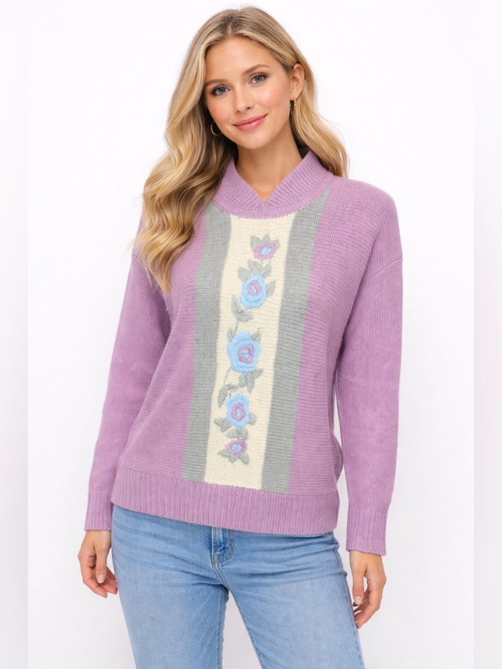 Vintage White Stag Sweater Floral Knit Lavender Cottagecore Grandpa Core Size S